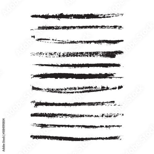 Straight line vector ink brush strokes. Black hand drawn stripes, smears. Chinese, Japanese or Korean calligraphy brush strokes set. Grunge paint line texture. Vector sketch lines