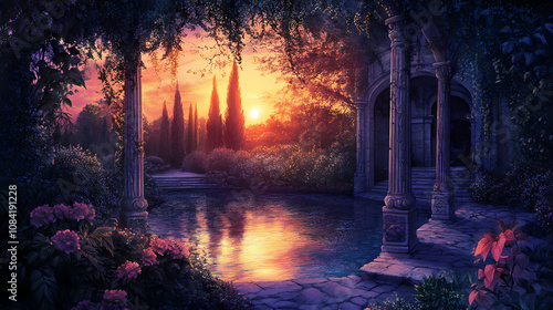 Sunset serenade in the elysian garden. Elysium. Illustration photo