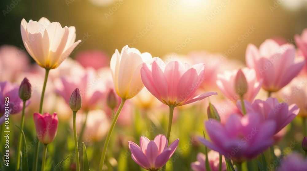 Fototapeta premium Blossoming flowers bathed in golden light