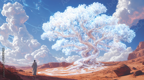 Surreal elysian tree of white snakes iridescent veins in the desert- generative ai. Elysium. Illustration photo