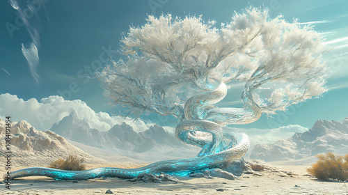 Surreal elysian tree of white snakes iridescent veins in the desert- generative ai. Elysium. Illustration photo