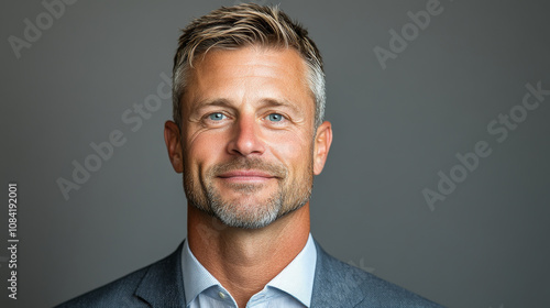 confident man with short, styled hair and well groomed beard, wearing tailored suit. His blue eyes convey sense of professionalism and approachability, set against neutral background photo