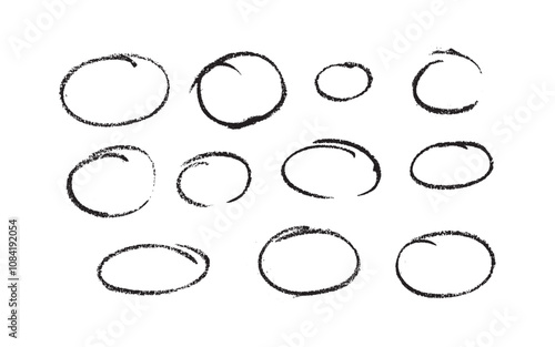 Set of sketch contours of a ellipse on white background, drawn manually with a single line marker. An empty element for marking, highlighting important things, Vector format