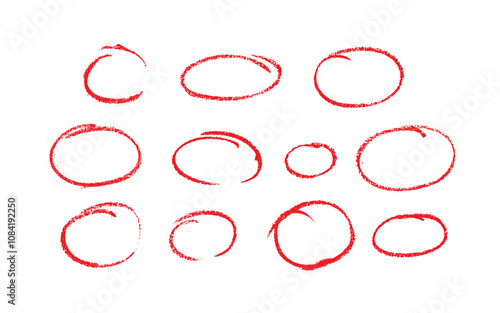 Set of sketch contours of a ellipse on white background, drawn manually with a single line marker. An empty element for marking, highlighting important things, Vector format