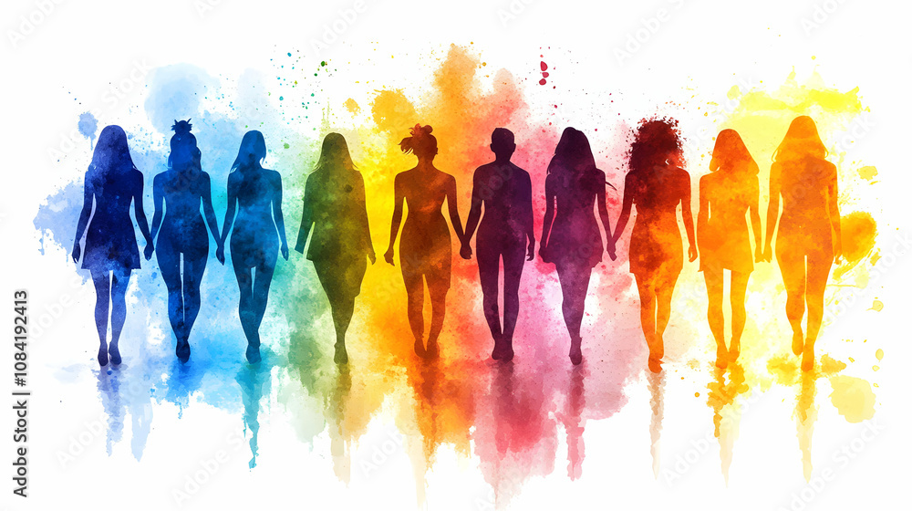 Obraz premium Silhouette of Women Walking Together in a Vibrant Watercolor Rainbow Background