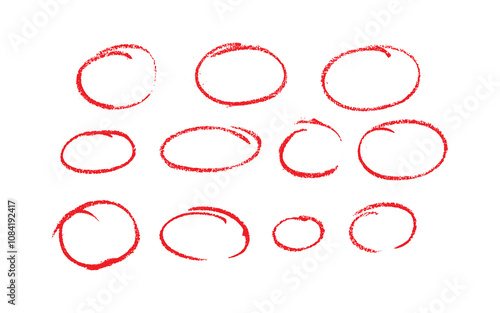 Set of sketch contours of a ellipse on white background, drawn manually with a single line marker. An empty element for marking, highlighting important things, Vector format