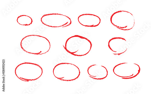 Set of sketch contours of a ellipse on white background, drawn manually with a single line marker. An empty element for marking, highlighting important things, Vector format