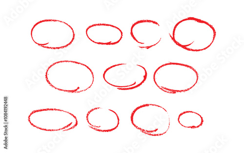 Set of sketch contours of a ellipse on white background, drawn manually with a single line marker. An empty element for marking, highlighting important things, Vector format