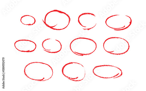 Set of sketch contours of a ellipse on white background, drawn manually with a single line marker. An empty element for marking, highlighting important things, Vector format