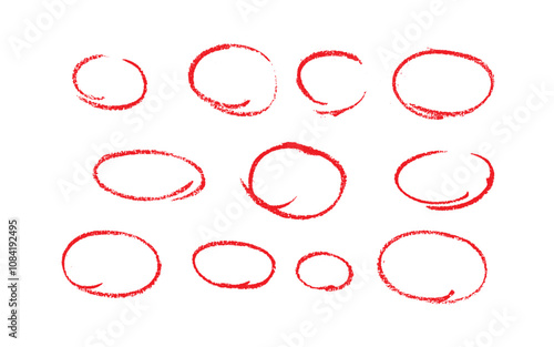 Set of sketch contours of a ellipse on white background, drawn manually with a single line marker. An empty element for marking, highlighting important things, Vector format