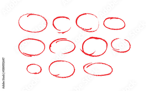 Set of sketch contours of a ellipse on white background, drawn manually with a single line marker. An empty element for marking, highlighting important things, Vector format
