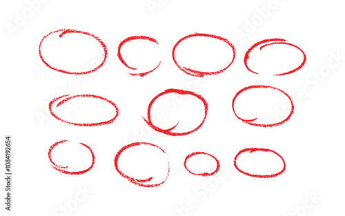 Set of sketch contours of a ellipse on white background, drawn manually with a single line marker. An empty element for marking, highlighting important things, Vector format