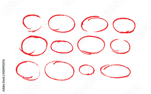 Set of sketch contours of a ellipse on white background, drawn manually with a single line marker. An empty element for marking, highlighting important things, Vector format