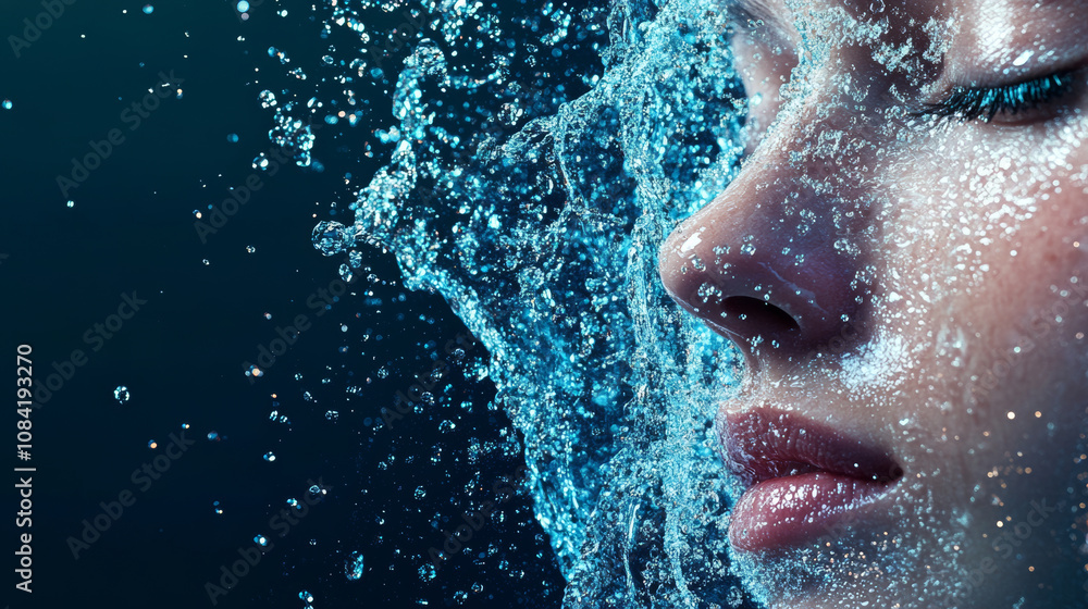 Fototapeta premium A close up of womans face partially submerged in water, with droplets and splashes creating dynamic and refreshing effect. image captures beauty and fluidity of water, evoking sense of tranquility and