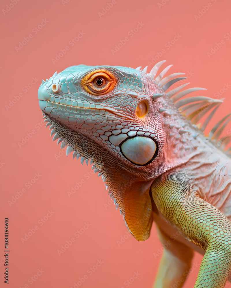 Fototapeta premium Close-up action of iguana studio setting animal portrait colorful background macro perspective wildlife photography