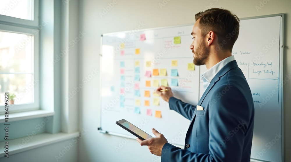 Fototapeta premium Businessman presenting project ideas on a whiteboard in a modern office