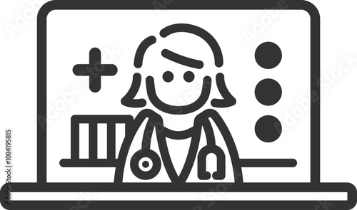 PCでオンライン診療する、女性医師のアイコン（線画）のイラスト