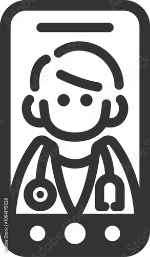 スマートフォンでオンライン診療する、男性医師のアイコン（線画）のイラスト