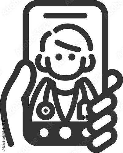 スマートフォンでオンライン診療する人（男性医師）のアイコン（線画）のイラスト
