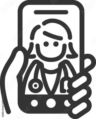スマートフォンでオンライン診療する人（女性医師）のアイコン（線画）のイラスト