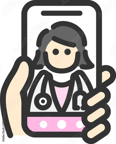 スマートフォンでオンライン診療する人（女性医師）のアイコン（線画カラー）のイラスト
