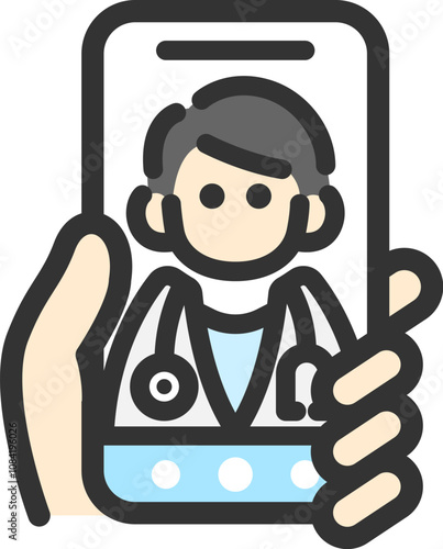 スマートフォンでオンライン診療する人（男性医師）のアイコン（線画カラー）のイラスト