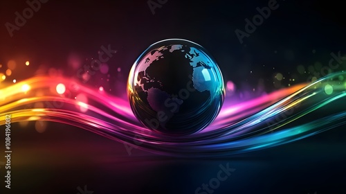 Metallic 3D image of beams of colored light rising vertically and twisting together to support a single futuristic sphere globa on a dark background. Neon 3D image of colorful earth photo