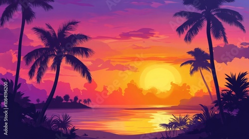 A tropical beach at sunset, with palm trees silhouetted against a sky ablaze with orange, pink, and purple hues