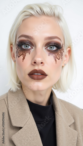 Beautiful albino model with avant-garde haircut, henna eye makeup, white background photo