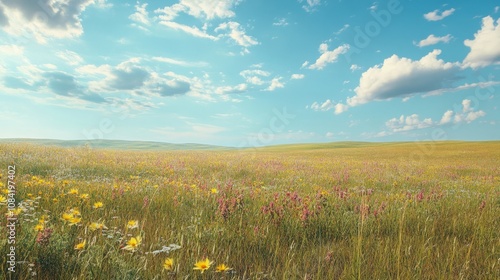 A vast prairie under a wide open sky, with wildflowers in bloom and a gentle breeze rustling the tall grasses photo