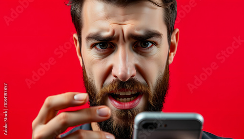 Close-up portrait of his he nice attractive irritated annoyed outraged bearded guy using wireless connection app 5g blog post smm spam messenger isolated over bright vivid shine red background isola