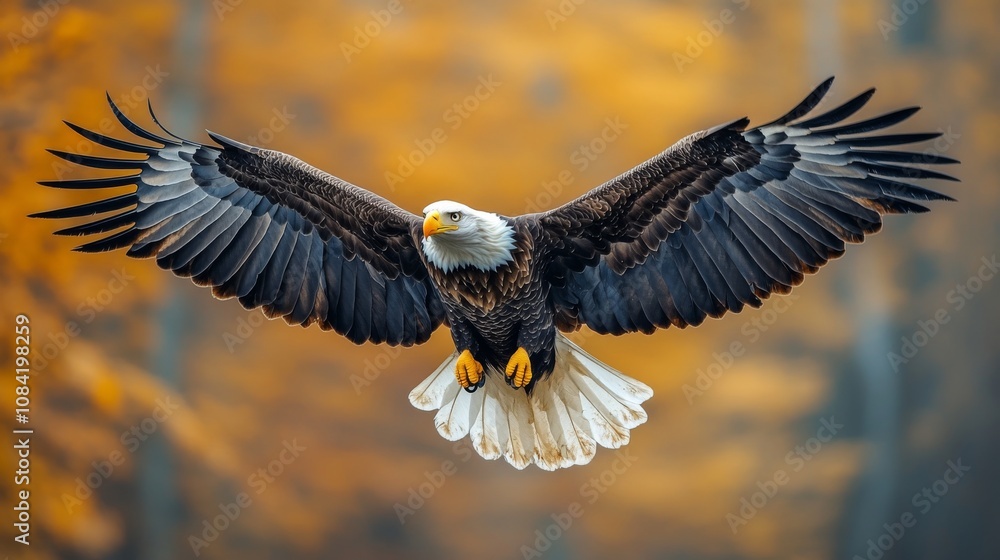 Obraz premium Majestic Bald Eagle in Flight with Outstretched Wings Against a Natural Background of Autumn Colors and Soft Focus