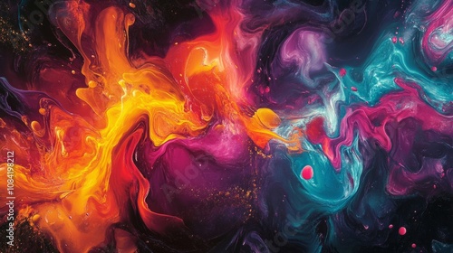 A vibrant explosion of colors with swirling shapes and fluid patterns, creating a sense of dynamic movement and energy on a dark background photo