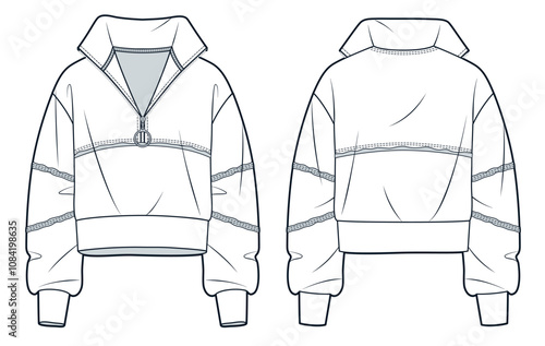 Half Zipper Sweatshirt technical fashion illustration. Roll Neck Sweatshirt fashion flat technical drawing template, roll neck, raw, oversized, front, back view, white, women, men, unisex CAD mockup.