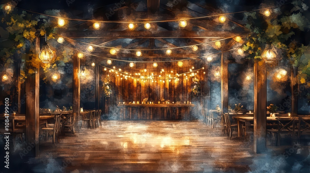 Obraz premium a rustic wedding venue with wooden decor and string lights, cozy and intimate, watercolor style, isolated on white background