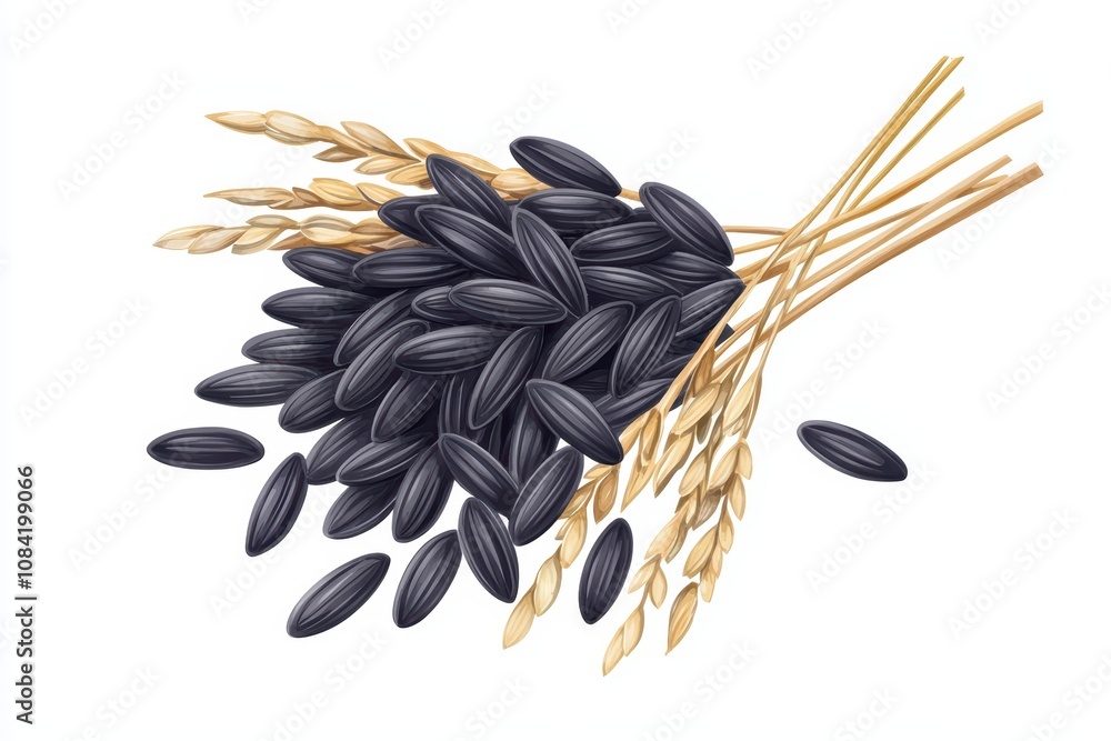 Obraz premium Black rice grains with golden stems, white isolate background.