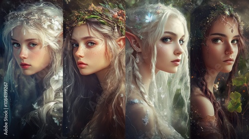 Beautiful fantasy fairy tale elf woman princess portrait collection set wallpaper AI generated image photo