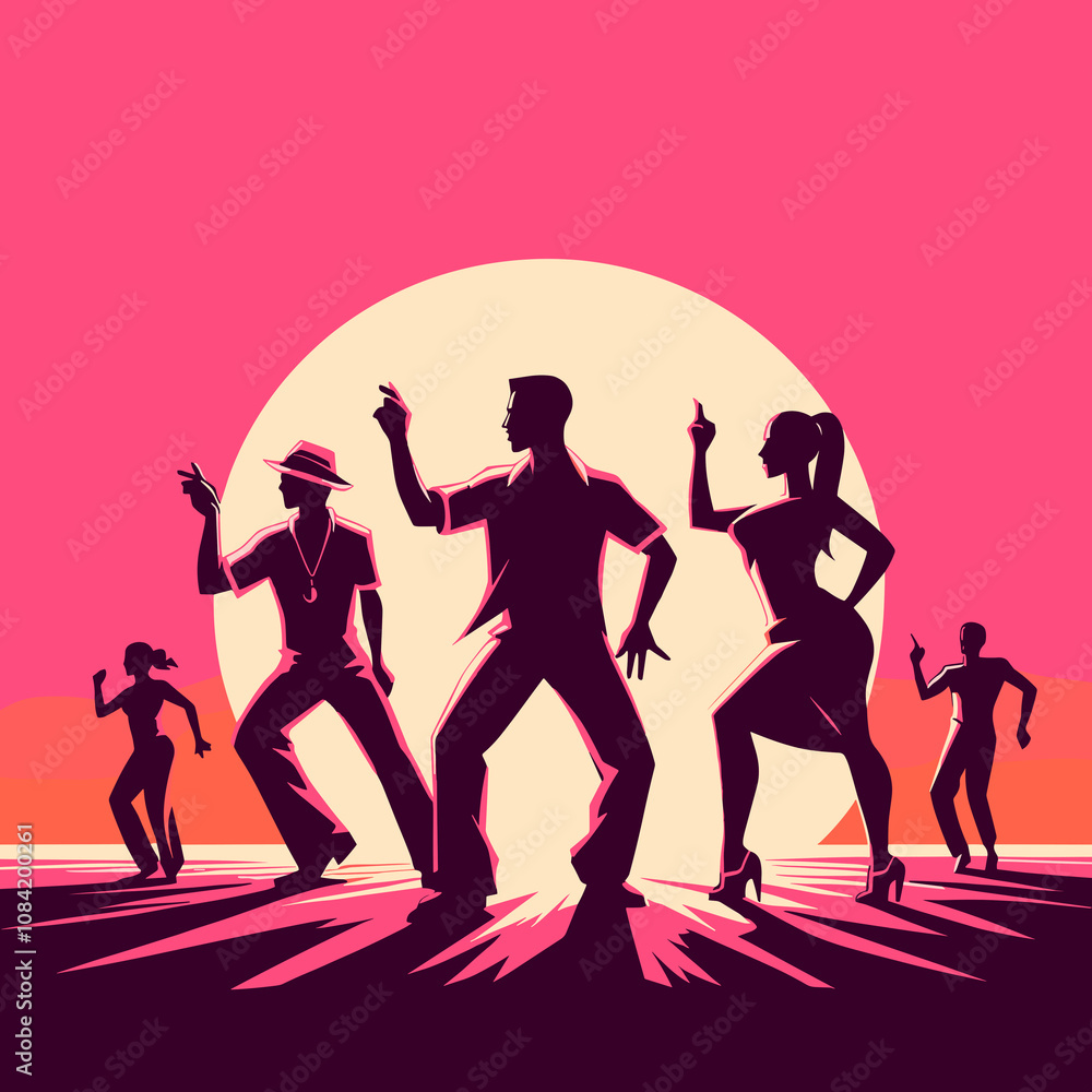 Fototapeta premium Minimalist pop art depiction of Reggaeton dancing featuring clean lines and flat sunset pink colors.
