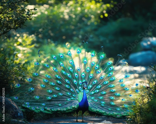 A stunning peacock spreads its iridescent feathers in full display amidst lush greenery, creating a vibrant and majestic forest scene.