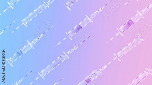 Tilted syringe line drawings arranged diagonally on a gradient background in pale blue and purple, emphasizing detailed needle designs and symmetrical alignment.