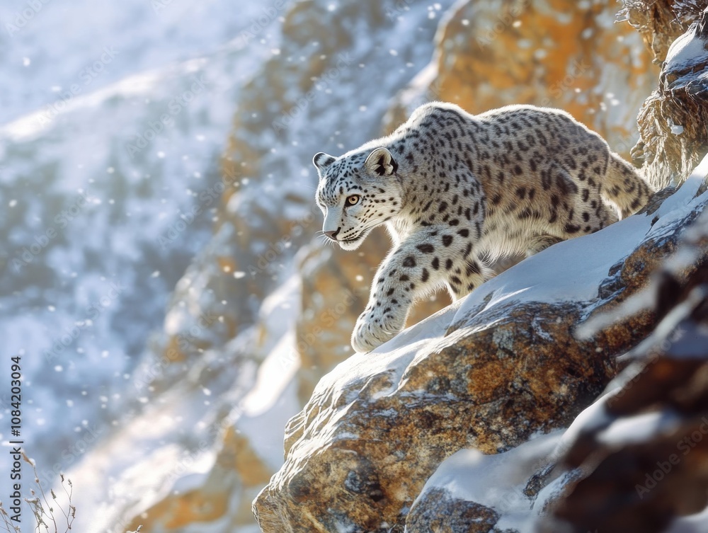 Fototapeta premium A solitary snow leopard carefully navigating a snowy, sunlit mountain slope, surrounded by rugged rocks and falling snowflakes.