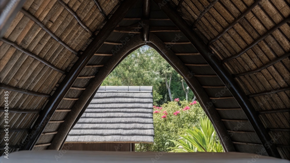 Obraz premium A-Frame Cottage Roof Surrounded by Lush Green Trees in Serene Setting