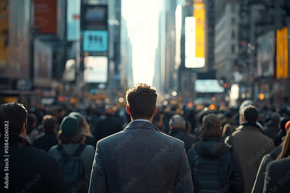 Obraz premium Man in Suit Walking Through Busy City Street Crowd25