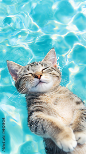 realx cat floating in the pool, photo