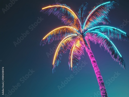 A vibrant, illuminated palm tree glows with neon colors against a dark sky, creating a tropical and festive atmosphere. photo