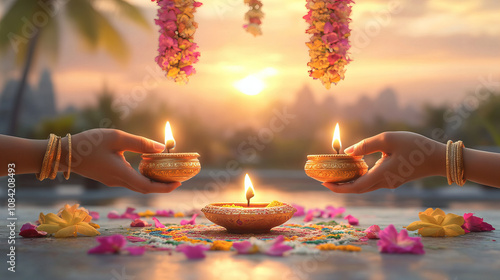 serene sunset scene with hands holding oil lamps, symbolizing celebration photo