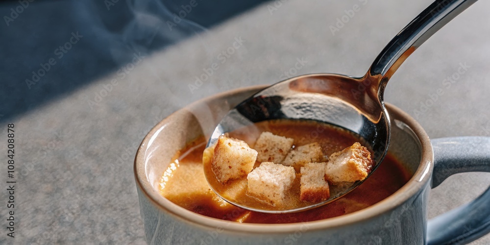 Fototapeta premium Bowl of Creamy Soup with Croutons, Warm Comfort Food for Chilly Days