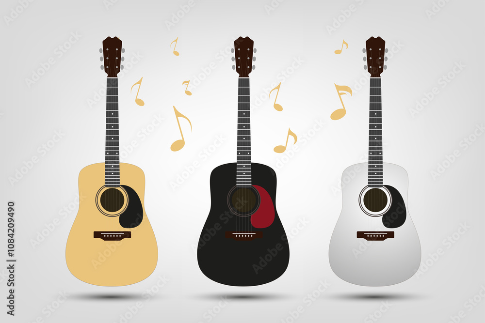 Naklejka premium Set of three vector acroustic guitars with musical icons on white background, three collection of acroustic guitars music elements is used for singers.