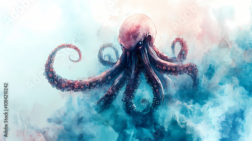 A mesmerizing elysian tentacled titan rises from the depths of an ethereal watercolor copy space. Elysium. Illustration photo