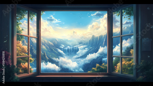 A window that serves as a portal to a dreamscape, where clouds, waterfalls, and mountains exist in harmony. Elysium. Illustration photo